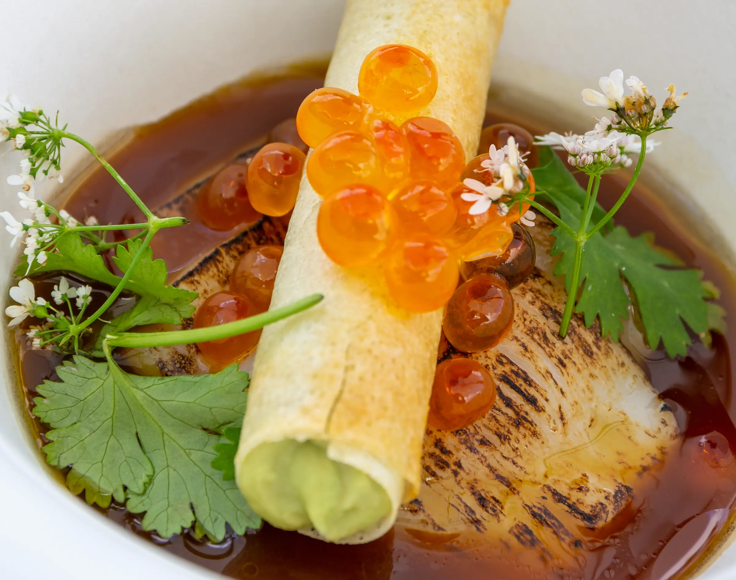 Plato de cocina de autor con huevas de salmón, hierbas y caldo